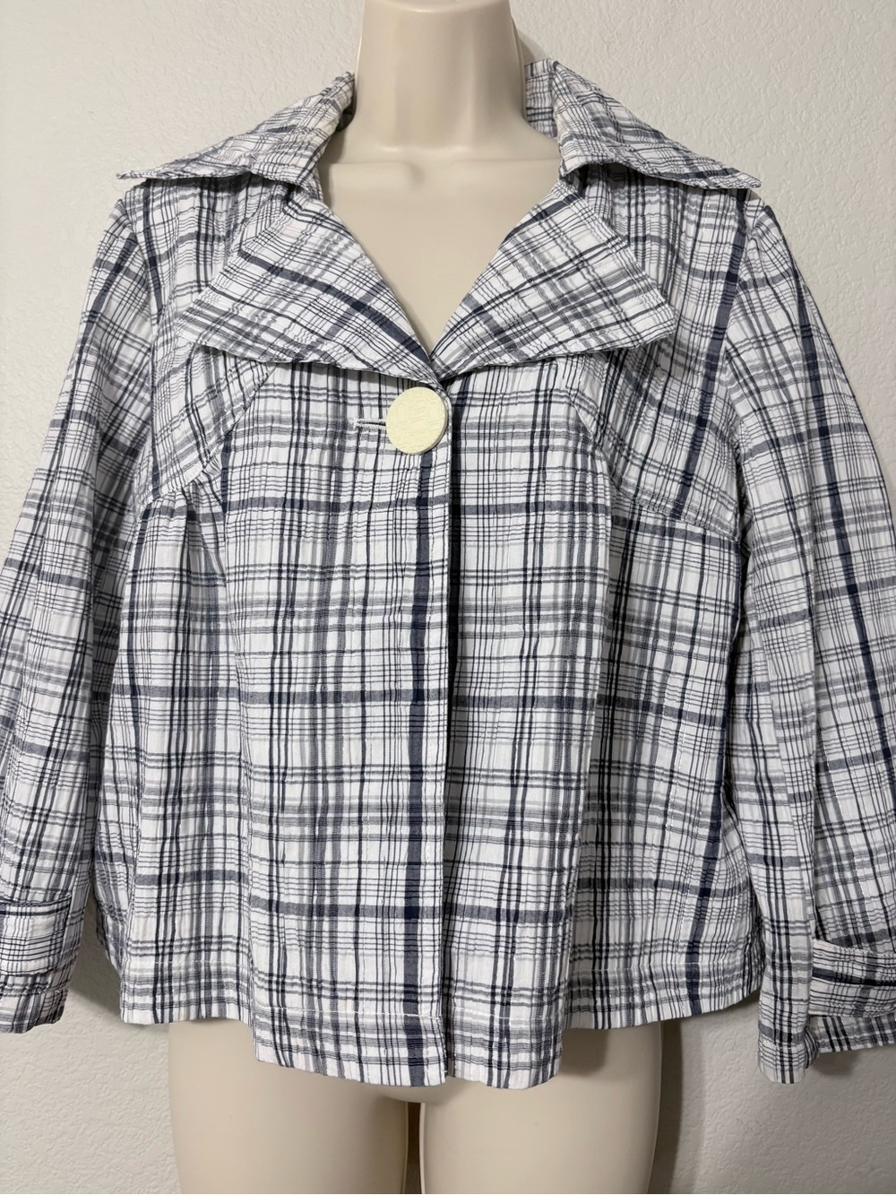 White Navy Plaid Cropped Swing Jacket Blazer Crinkle Cotton w Shimmer Thread L